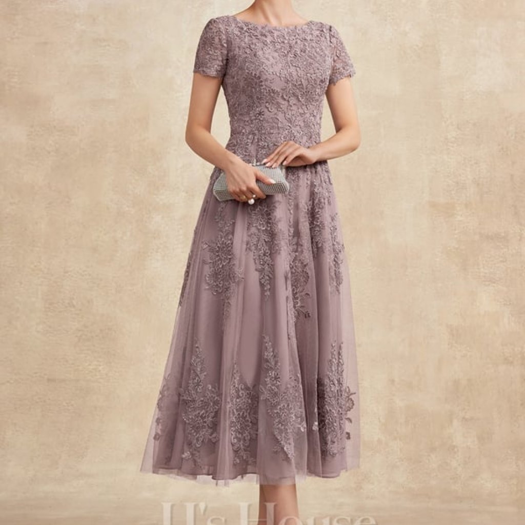A-Line Scoop Tea-Length Tulle Lace Mother Of The Bride Dress